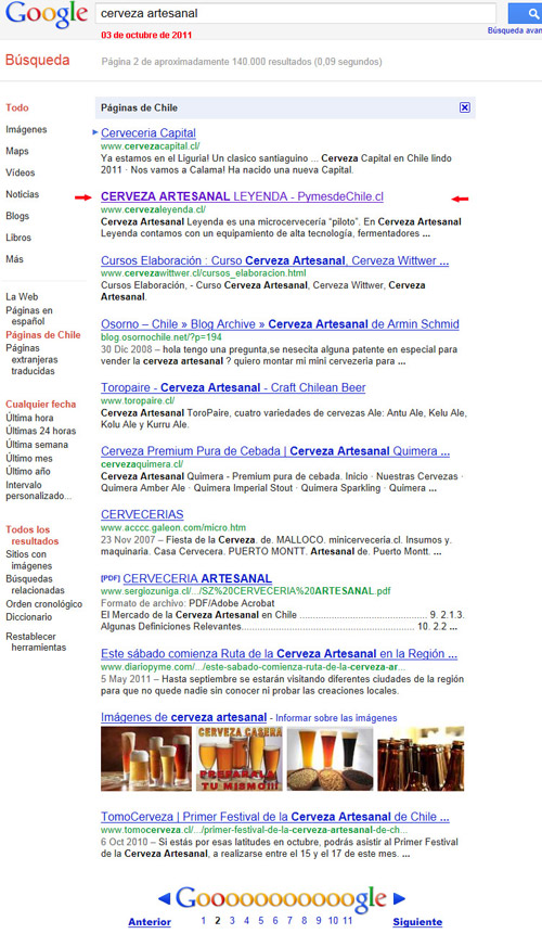 cervezaleyenda.cl Google al 23-10-11